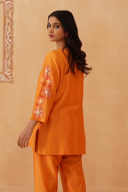 Rishika Singh Bloom Beaded Orange Short Kurta Set 