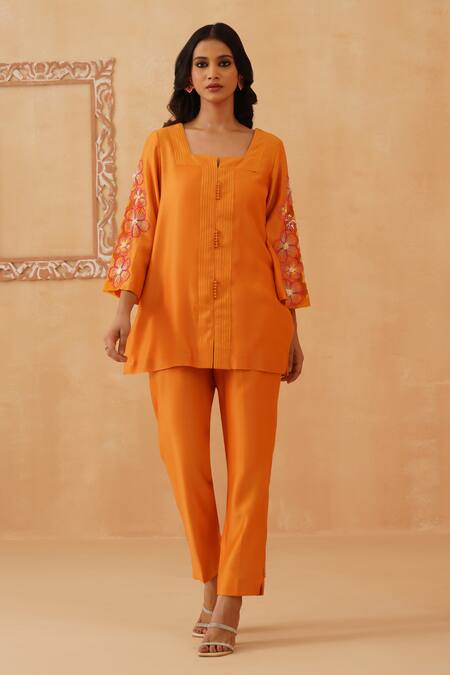Shop_Rishika Singh_Orange Chanderi Beads Round Neck Bloom Short Kurta Set _Online_at_Aza_Fashions