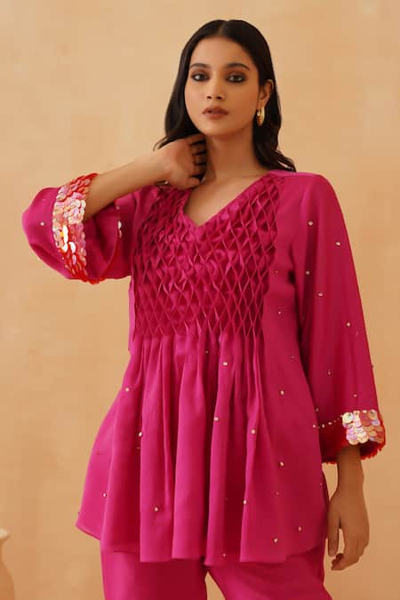 Shop_Rishika Singh_Pink Chanderi Beads V-neck Honeycomb Smocked Yoke Peplum Kurta Set _Online_at_Aza_Fashions