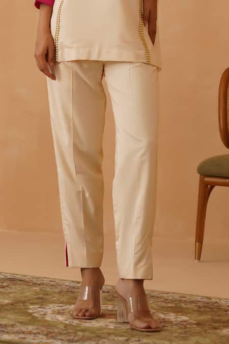 Buy_Rishika Singh_Beige Chanderi Lace Collared Embellished Short Kurta And Pant Set _Online_at_Aza_Fashions