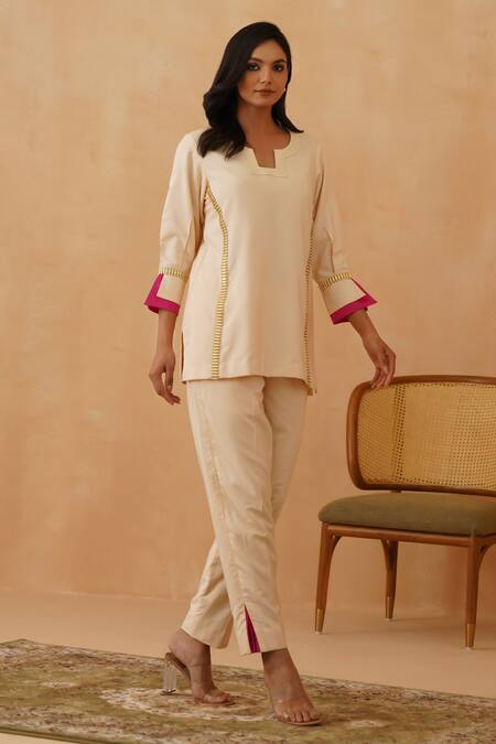 Shop_Rishika Singh_Beige Chanderi Lace Collared Embellished Short Kurta And Pant Set _Online_at_Aza_Fashions