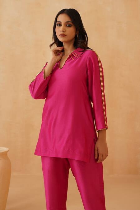 Shop Rishika Singh Pink Chanderi Lace Collared Embellished Kurta Set Online at Aza Fashions Shop_Rishika Singh_Pink Chanderi Lace Collared Embellished Kurta Set _Online_at_Aza_Fashions