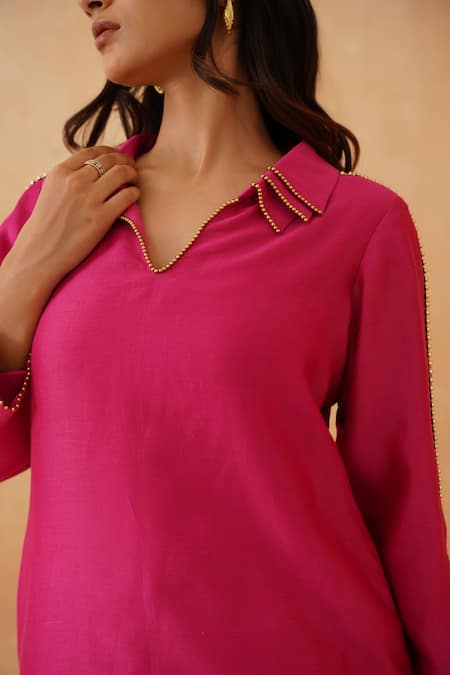 Rishika Singh Pink Chanderi Lace Collared Embellished Kurta Set at Aza Fashions Rishika Singh_Pink Chanderi Lace Collared Embellished Kurta Set _at_Aza_Fashions