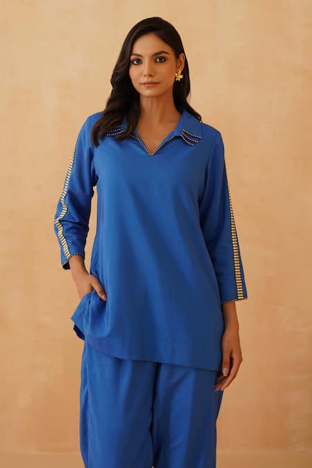 Shop_Rishika Singh_Blue Chanderi Lace Collared Embellished Kurta Set _Online_at_Aza_Fashions