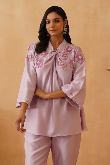 Buy_Rishika Singh_Purple Chanderi Beads V-neck Bloom Knotted V Kurta Set _Online_at_Aza_Fashions