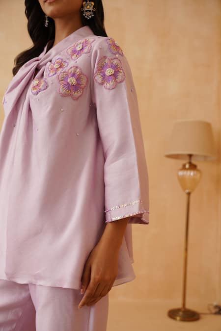 Shop_Rishika Singh_Purple Chanderi Beads V-neck Bloom Knotted V Kurta Set _Online_at_Aza_Fashions