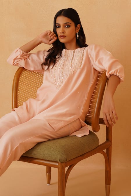 Buy_Rishika Singh_Pink Crepe Pearls, Sequins Boat Neck And Embroidered Kurta Set _Online_at_Aza_Fashions