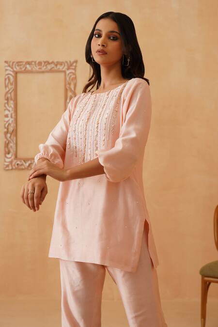Shop_Rishika Singh_Pink Crepe Pearls, Sequins Boat Neck And Embroidered Kurta Set _Online_at_Aza_Fashions