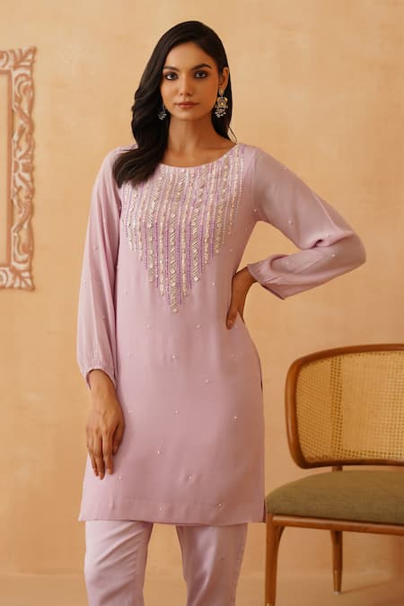 Buy_Rishika Singh_Purple Crepe Pearls, Sequins Boat Neck Lilac And Embroidered Kurta Set _Online_at_Aza_Fashions