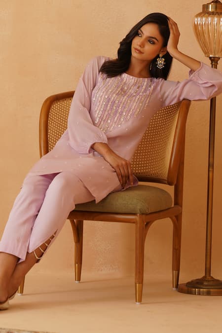 Shop_Rishika Singh_Purple Crepe Pearls, Sequins Boat Neck Lilac And Embroidered Kurta Set _Online_at_Aza_Fashions