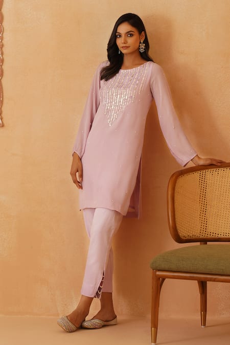 Rishika Singh_Purple Crepe Pearls, Sequins Boat Neck Lilac And Embroidered Kurta Set _at_Aza_Fashions