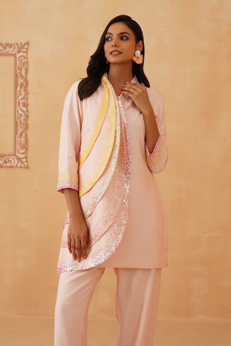 Shop_Rishika Singh_Pink Cotton, Silk Sequins V-neck Embroidered Kurta Pant Set _Online_at_Aza_Fashions