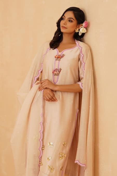 Rishika Singh_Beige Chanderi Beads 3d Camel Embellished Chitta Kurta Set _Online_at_Aza_Fashions