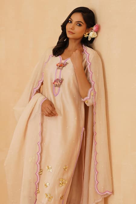 Buy_Rishika Singh_Beige Chanderi Beads 3d Camel Embellished Chitta Kurta Set 