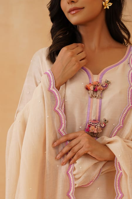 Shop_Rishika Singh_Beige Chanderi Beads 3d Camel Embellished Chitta Kurta Set 