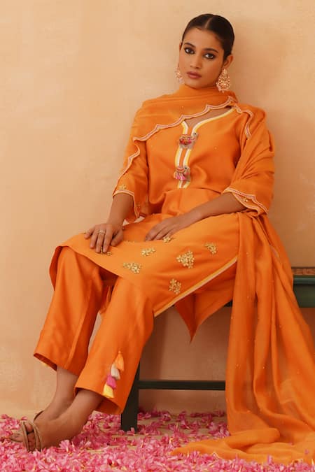 Buy_Rishika Singh_Orange Chanderi Beads, Tassels Split 3d Camel Embellished Chitta Kurta Set _Online_at_Aza_Fashions