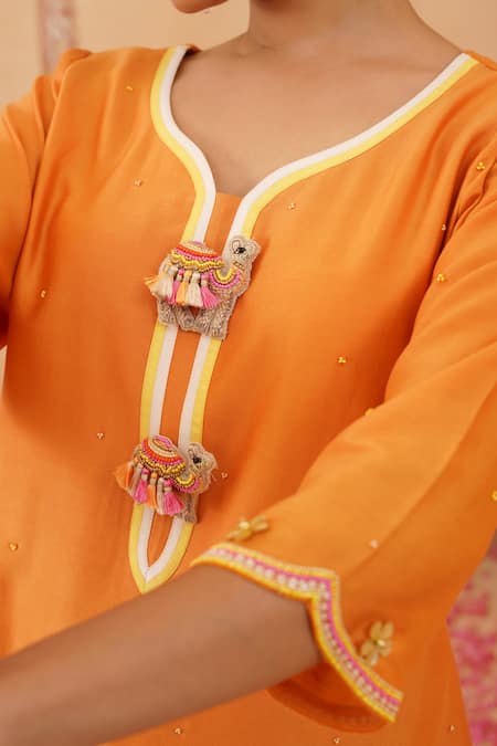 Shop_Rishika Singh_Orange Chanderi Beads, Tassels Split 3d Camel Embellished Chitta Kurta Set _Online_at_Aza_Fashions