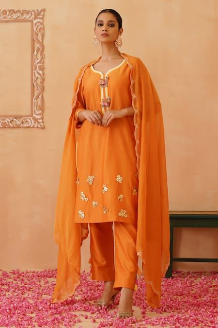 Rishika Singh_Orange Chanderi Beads, Tassels Split 3d Camel Embellished Chitta Kurta Set _at_Aza_Fashions