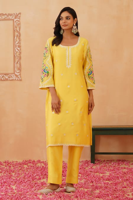Rishika Singh Peacock Embroidered Yellow Kurta Set 
