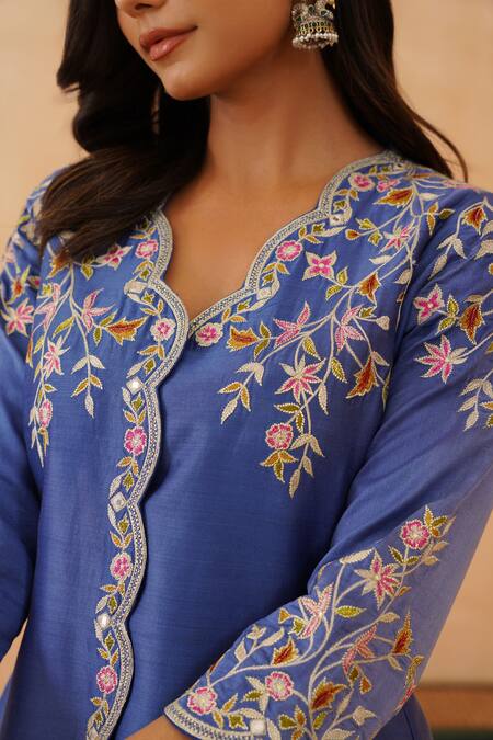 Shop_Rishika Singh_Blue Chanderi, Modal, Satin Embroidery V-neck Phool Kurta Set With Tulip Pant _Online_at_Aza_Fashions