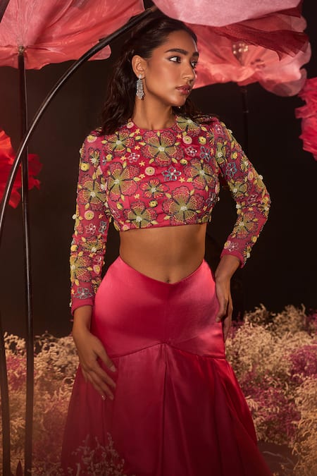 Buy_Rishika Singh_Pink Net, Silk, Satin Beads, Embroidery Beaded Bloom Blouse And Mermaid Lehenga _Online_at_Aza_Fashions