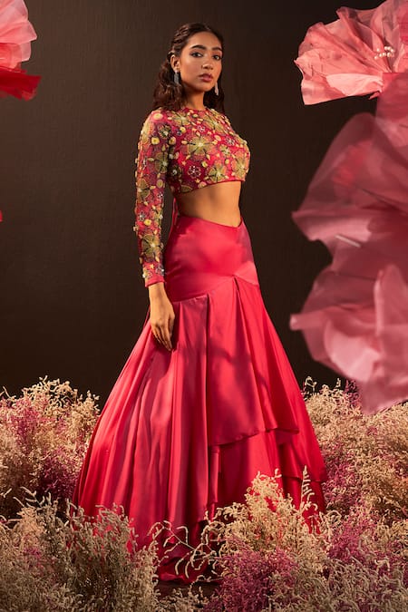 Shop_Rishika Singh_Pink Net, Silk, Satin Beads, Embroidery Beaded Bloom Blouse And Mermaid Lehenga _Online_at_Aza_Fashions