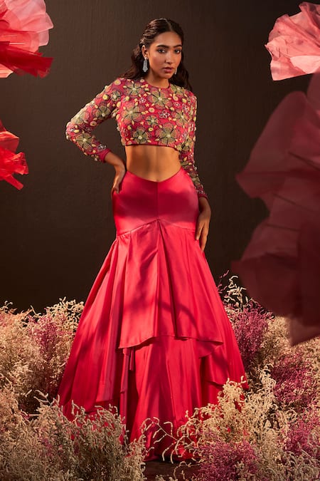 Shop_Rishika Singh_Pink Net, Silk, Satin Beads, Embroidery Beaded Bloom Blouse And Mermaid Lehenga 