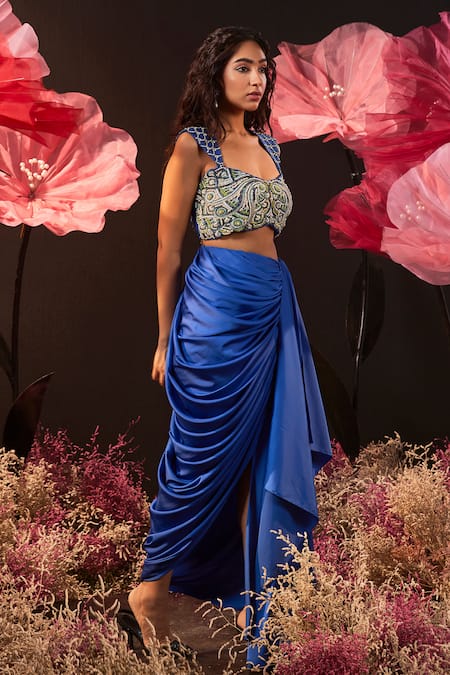 Buy Rishika Singh Blue Net, Satin, Lycra Pearls, Cut Floral Embroidered Blouse And Draped Skirt Online at Aza Fashions Buy_Rishika Singh_Blue Net, Satin, Lycra Pearls, Cut Floral Embroidered Blouse And Draped Skirt _Online_at_Aza_Fashions