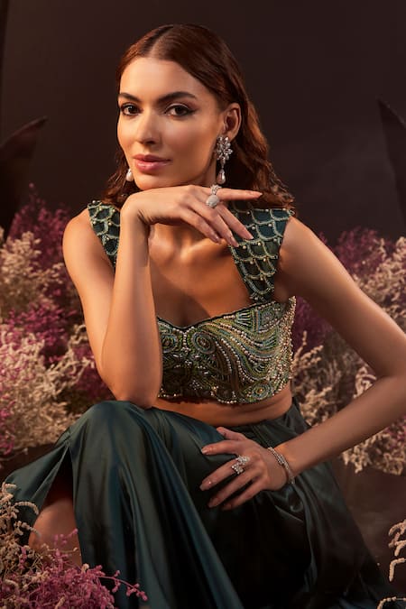 Rishika Singh Green Net, Satin, Lycra Pearls, Crystals, Embroidered Blouse And Draped Skirt Set Online at Aza Fashions Rishika Singh_Green Net, Satin, Lycra Pearls, Crystals, Embroidered Blouse And Draped Skirt Set _Online_at_Aza_Fashions