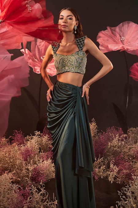 Buy Rishika Singh Green Net, Satin, Lycra Pearls, Crystals, Embroidered Blouse And Draped Skirt Set Online at Aza Fashions Buy_Rishika Singh_Green Net, Satin, Lycra Pearls, Crystals, Embroidered Blouse And Draped Skirt Set _Online_at_Aza_Fashions