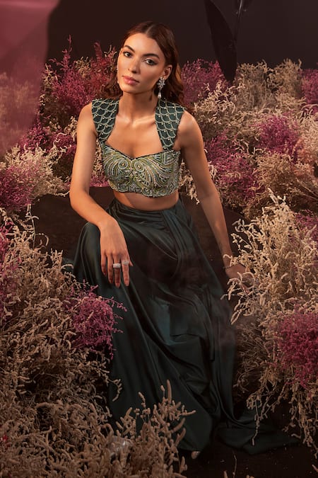 Shop Rishika Singh Green Net, Satin, Lycra Pearls, Crystals, Embroidered Blouse And Draped Skirt Set Online at Aza Fashions Shop_Rishika Singh_Green Net, Satin, Lycra Pearls, Crystals, Embroidered Blouse And Draped Skirt Set _Online_at_Aza_Fashions