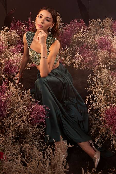 Rishika Singh Green Net, Satin, Lycra Pearls, Crystals, Embroidered Blouse And Draped Skirt Set at Aza Fashions Rishika Singh_Green Net, Satin, Lycra Pearls, Crystals, Embroidered Blouse And Draped Skirt Set _at_Aza_Fashions