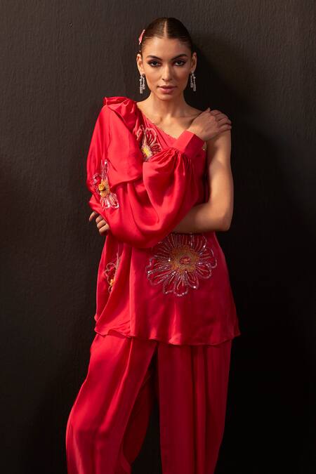 Shop_Rishika Singh_Red Bamboo Embroidery, Sequins One Shoulder Resham And Kurta Set _Online_at_Aza_Fashions