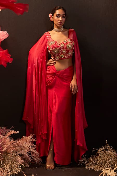 Rishika Singh_Red Net, Satin, Silk, Georgette 3d Embroidered Corset Blouse And Draped Skirt _Online_at_Aza_Fashions