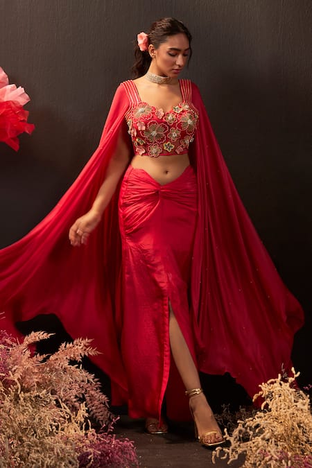 Buy_Rishika Singh_Red Net, Satin, Silk, Georgette 3d Embroidered Corset Blouse And Draped Skirt _Online_at_Aza_Fashions