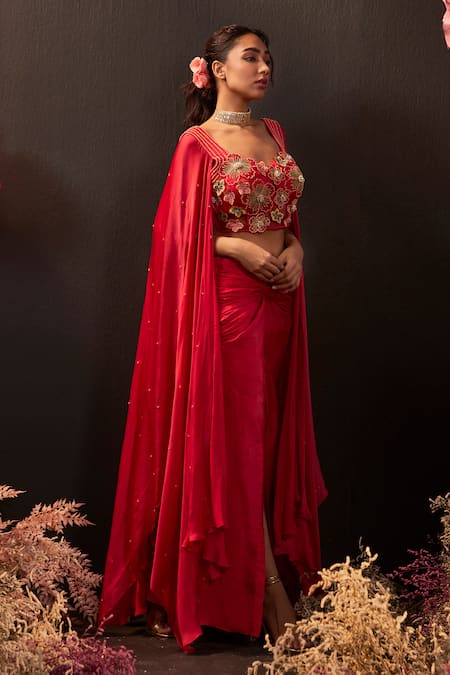 Shop_Rishika Singh_Red Net, Satin, Silk, Georgette 3d Embroidered Corset Blouse And Draped Skirt _Online_at_Aza_Fashions