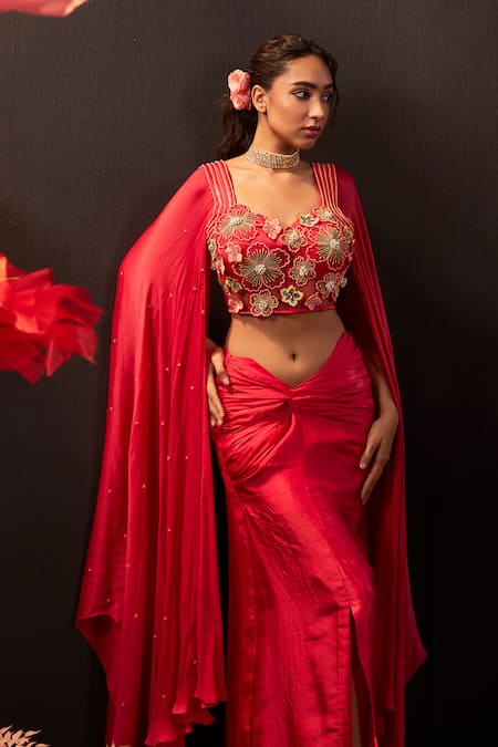 Rishika Singh_Red Net, Satin, Silk, Georgette 3d Embroidered Corset Blouse And Draped Skirt _at_Aza_Fashions