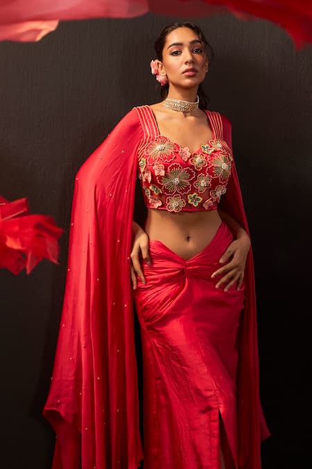 Buy_Rishika Singh_Red Net, Satin, Silk, Georgette 3d Embroidered Corset Blouse And Draped Skirt 
