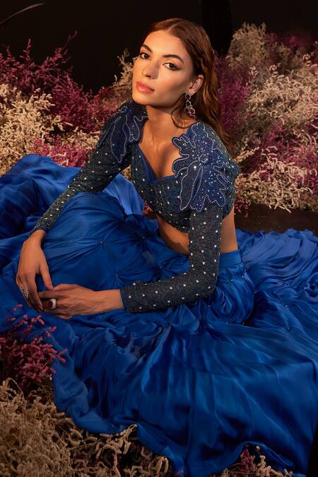 Buy_Rishika Singh_Blue Net, Satin, Georgette Cut Work, Embroidery, Beads, Blouse And Smocked Lehenga _Online_at_Aza_Fashions