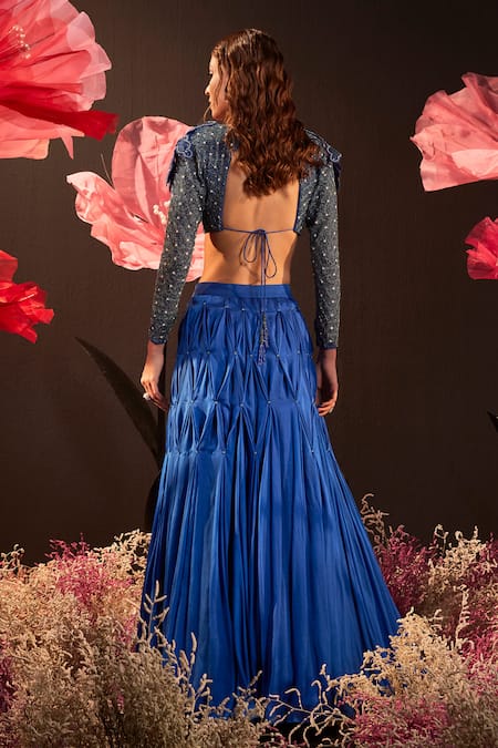 Rishika Singh Bead Embroidered Blouse & Smocked Lehenga 