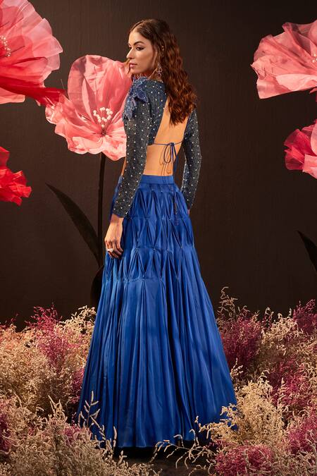 Shop_Rishika Singh_Blue Net, Satin, Georgette Cut Work, Embroidery, Beads, Blouse And Smocked Lehenga _Online_at_Aza_Fashions