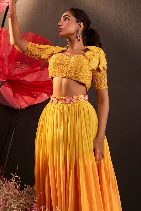Rishika Singh_Yellow Net, Organza Cut Work Beaded Embroidered Blouse And Ombre Lehenga _Online_at_Aza_Fashions