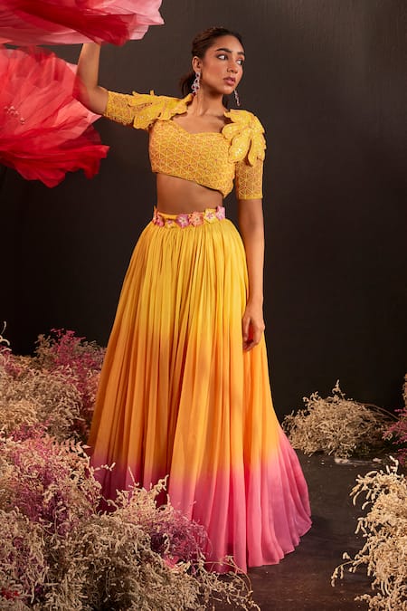 Buy_Rishika Singh_Yellow Net, Organza Cut Work Beaded Embroidered Blouse And Ombre Lehenga _Online_at_Aza_Fashions