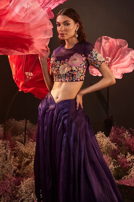 Buy_Rishika Singh_Purple Net, Silk Organza Embroidery Round Neck Resham Blouse And Pleated Lehenga _Online_at_Aza_Fashions