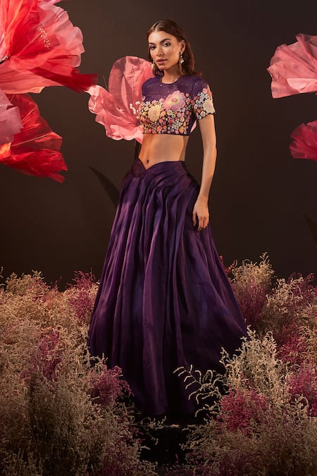 Rishika Singh_Purple Net, Silk Organza Embroidery Round Neck Resham Blouse And Pleated Lehenga _at_Aza_Fashions