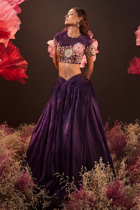 Buy_Rishika Singh_Purple Net, Silk Organza Embroidery Round Neck Resham Blouse And Pleated Lehenga 