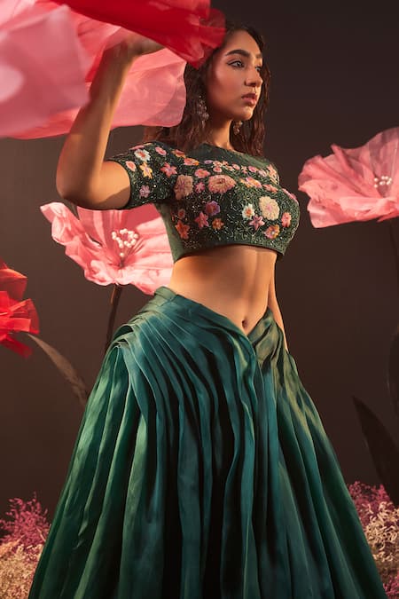 Rishika Singh Green Net, Silk Organza Embroidery Round Neck Blossom Blouse And Pleated Lehenga Online at Aza Fashions Rishika Singh_Green Net, Silk Organza Embroidery Round Neck Blossom Blouse And Pleated Lehenga _Online_at_Aza_Fashions