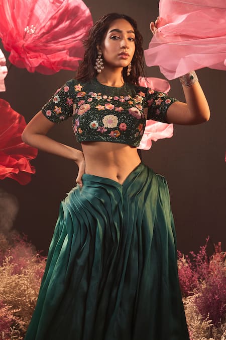 Buy Rishika Singh Green Net, Silk Organza Embroidery Round Neck Blossom Blouse And Pleated Lehenga Online at Aza Fashions Buy_Rishika Singh_Green Net, Silk Organza Embroidery Round Neck Blossom Blouse And Pleated Lehenga _Online_at_Aza_Fashions