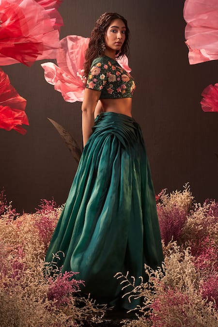 Shop Rishika Singh Green Net, Silk Organza Embroidery Round Neck Blossom Blouse And Pleated Lehenga Online at Aza Fashions Shop_Rishika Singh_Green Net, Silk Organza Embroidery Round Neck Blossom Blouse And Pleated Lehenga _Online_at_Aza_Fashions