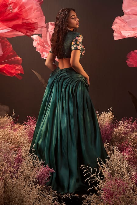 Rishika Singh Green Blossom Embroidered Blouse & Pleated Lehenga 